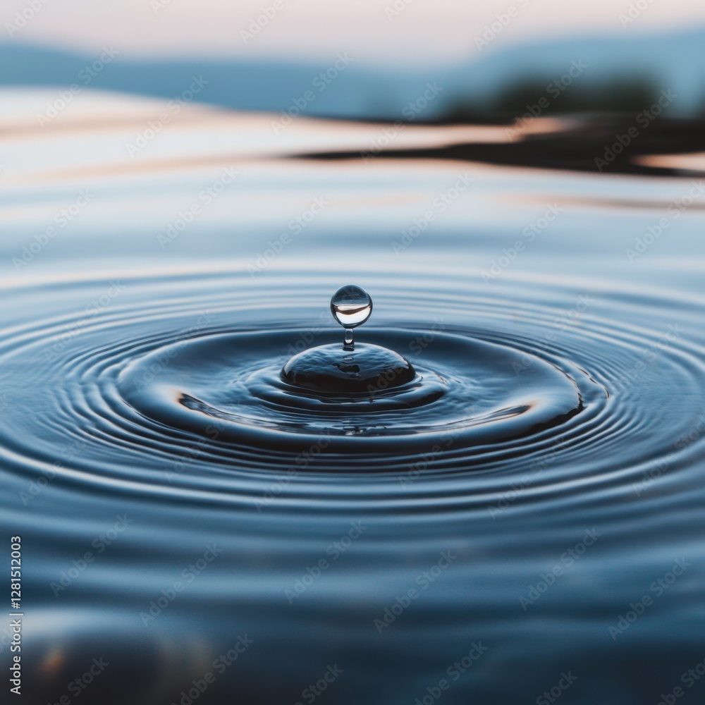 Poster serene water drop creating concentric ripples in a tranquil pool reflecting soft light and blurred h