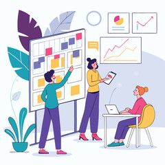 Creative startup brainstorming session with charts and sticky notes