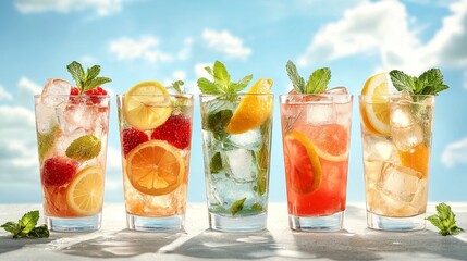 Refreshing cocktails and mocktails under a sunlit canopy vibrant drink display outdoor setting lively atmosphere