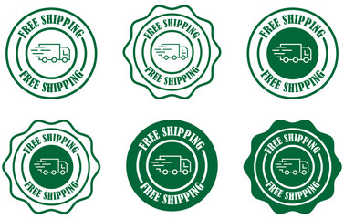Free delivery icon set collection on white background. Free shipping badge icon design. Vector shipping stamp set. Fast delivery truck icon set. Round free shipping badge set. Vector illustration