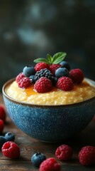 Creamy dessert topped with fresh berries in a rustic bowl on a wooden table