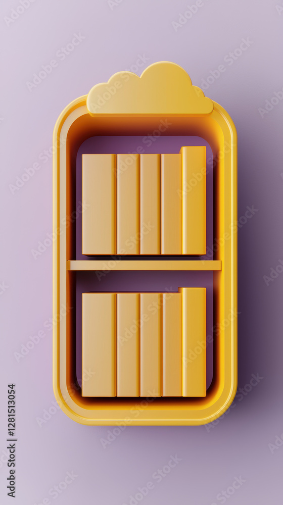 Poster could based file storage. stylish yellow bookshelf with books against a purple background.