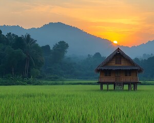 Fototapeta premium Thatched Roof Hut in a Vast Green Field at Sunset