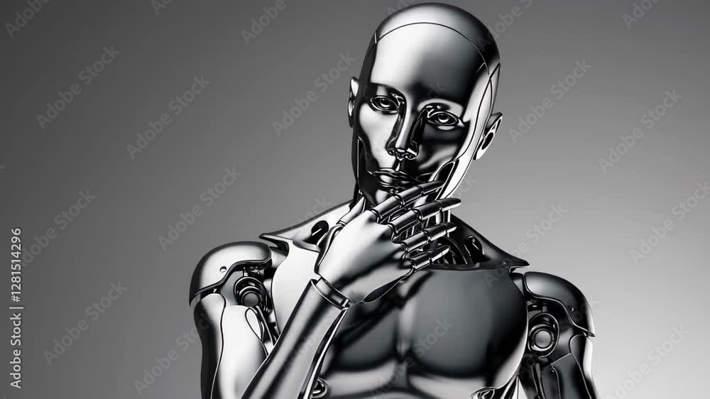 Poster Chrome robot is thoughtfully holding its metallic fingers to its face, illustrating artificial intelligence, deep learning, and advanced robotics in slow motion