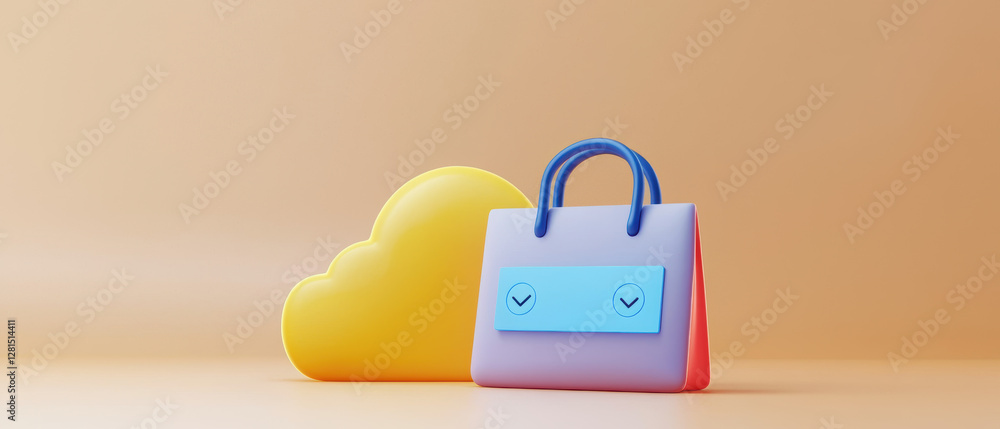 Aufkleber could based file storage. colorful shopping bag next to a cloud symbol on a soft background.