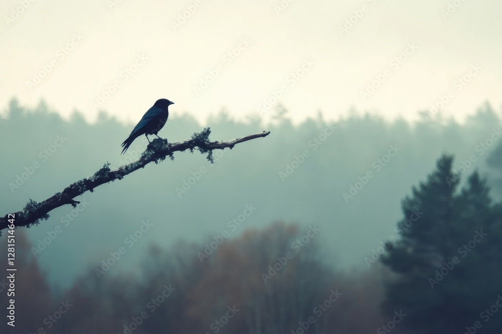 Poster lonely bird perched on a lifeless branch amidst a misty forest landscape. generative ai