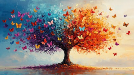 Vibrant butterfly tree oil painting with colorful foliage and dreamy background in artistic style