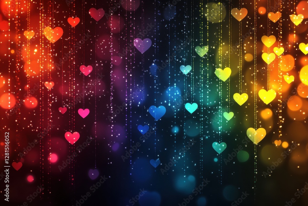 Poster abstract hearts falling on a colorful background with bokeh lights creating a romantic and festive m