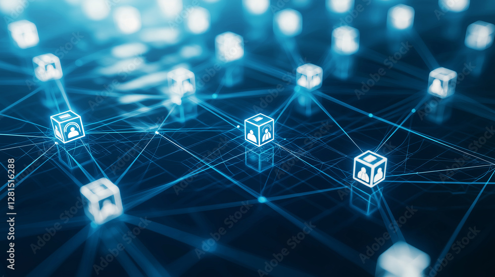 Poster digital network with glowing icons and interconnected lines, representing technology and communicati