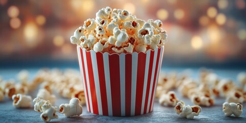Freshly popped popcorn in a striped container ready for a movie night at home during the evening hours