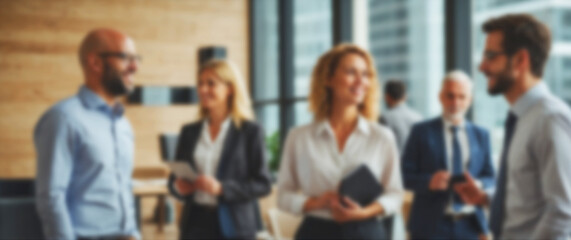 Three businesspeople smiling and talking about project updates in a modern office setting