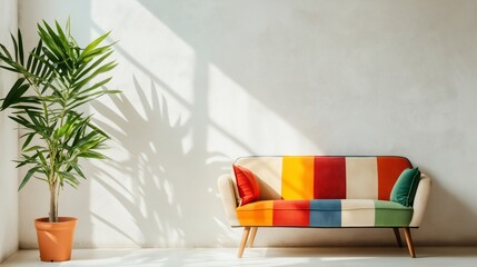 Colorful patchwork sofa with decorative pillows and potted plant against a white wall with sunlight and shadows. Interior design and home decor concept.