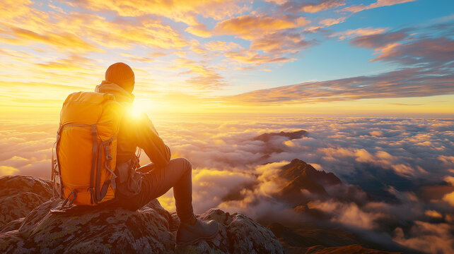 backpacker sitting on mountain top, enjoying stunning sunset view over clouds. warm glow of sun creates serene atmosphere, perfect for reflection and adventure