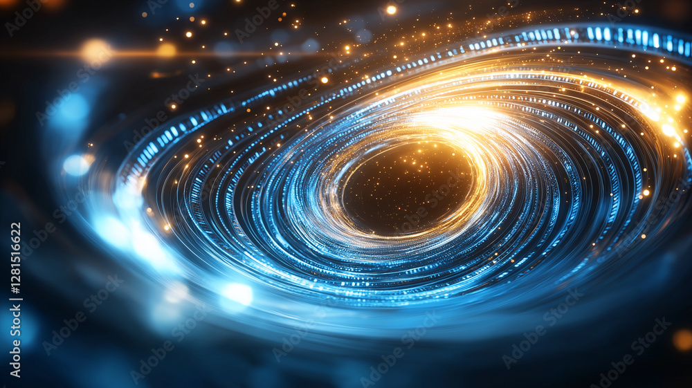 Poster swirling vortex of blue and gold light creates mesmerizing cosmic effect, evoking sense of wonder an