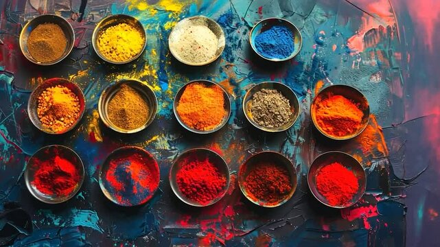 Vibrant spices in bowls on a colorful background.