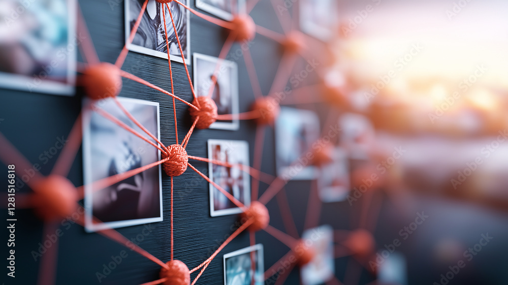 Poster close up of photographs connected by red strings on wall, creating network of memories and moments. 