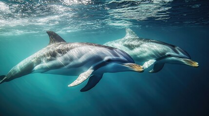 Fototapeta premium Two dolphins gracefully swim together in crystal-clear waters, s