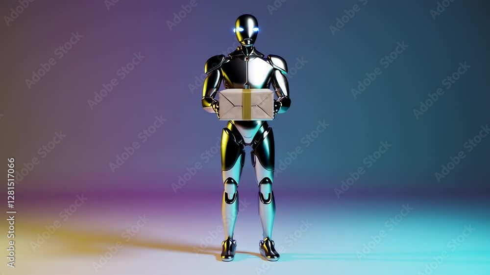 Poster chrome humanoid robot delivering cardboard package, standing motionless under vibrant illumination, 