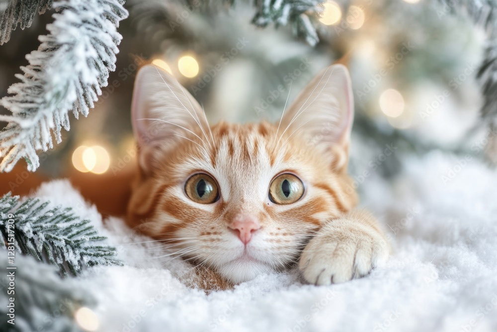 Poster cute orange tabby cat relaxing under a snow covered christmas tree with soft lights. generative ai