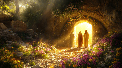 The tomb of Jesus glowing with a radiant yet gentle light, symbolizing hope, three women standing in awe near the entrance, warm golden hues blending with soft morning mist,