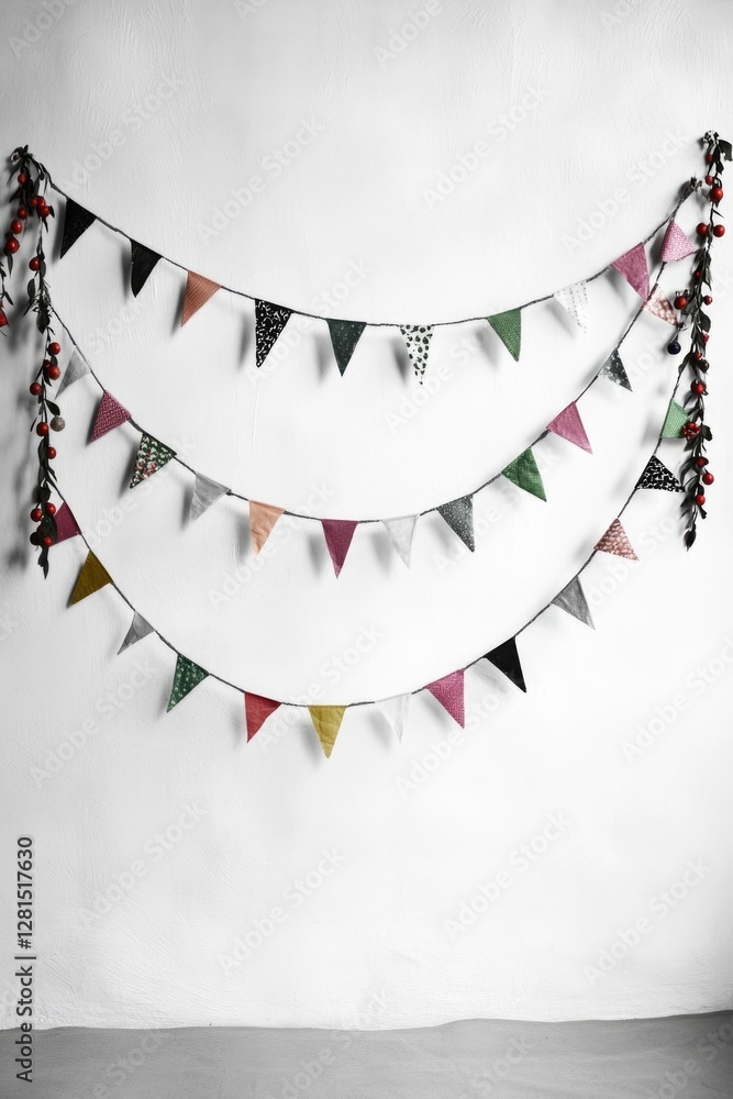 Poster vibrant triangular flags for festive or celebratory occasions, featuring various colors on a string.