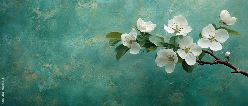 Poster delicate apple blossoms on a branch against a textured teal background in soft focus creating a sere