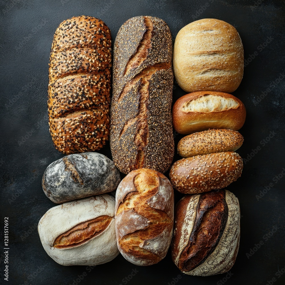 Poster assortment of freshly baked breads on dark backdrop displaying variety of loaves and rolls in studio