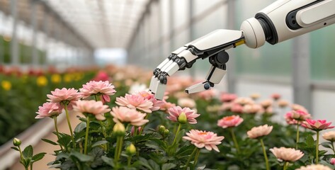 Robotic hand gently tending to flowers in a greenhouse, showcasing advanced agricultural technology.
