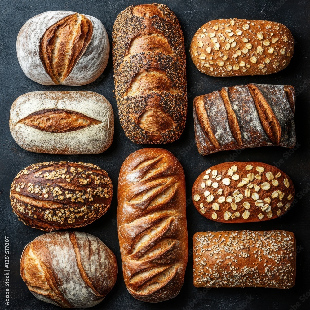 Poster assortment of freshly baked artisan breads displayed on a dark background overhead shot capturing cr