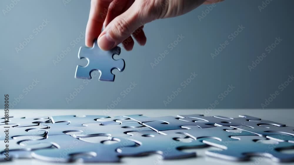Poster Businessman meticulously solving complex jigsaw puzzle in office, carefully placing final piece while highlighting strategic problem solving skills in slow motion