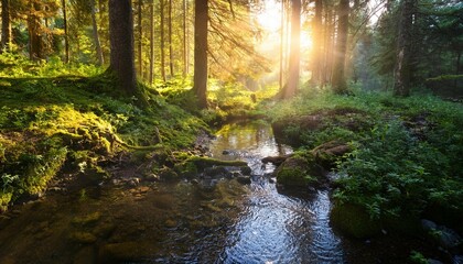 Obraz premium forest creek in warm sunlight
