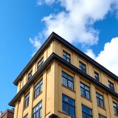 Obraz premium Classic Yellow Building with Dark Trimmed Windows Against a Clear Sky