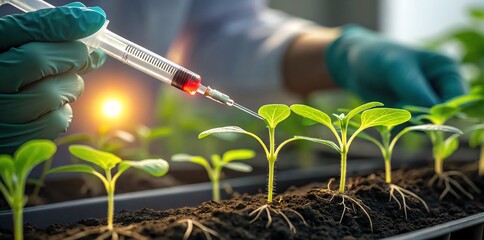 Scientist injecting plant seedlings in lab for genetic modification research, glowing test tube.