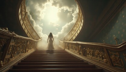A woman in an elegant gown ascends a grand staircase towards a radiant light, symbolizing transformation, ascension, and ethereal beauty in a surreal dreamlike setting.