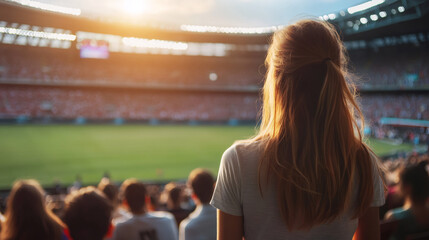 Female fan cheering passionately while enjoying a thrilling soccer match in a bustling stadium, all under a stunning sunset backdrop
