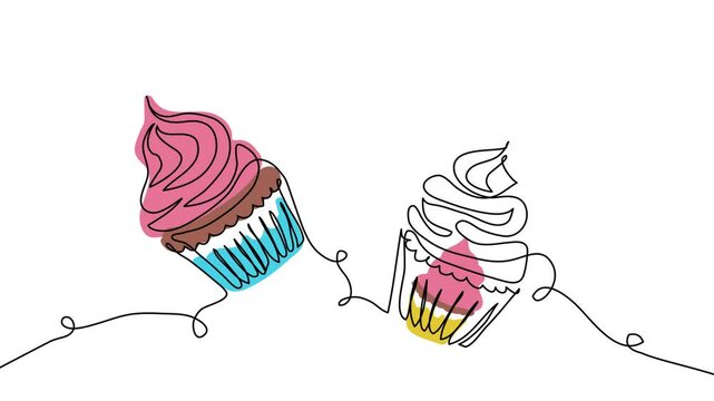 Cupcakes, muffins single line animated illustration. One continuous self drawing line animation, footage of two cupcakes