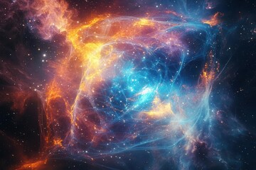 Fototapeta premium bioluminescent space station floating in cosmic void geometric crystalline architecture glowing with ethereal energy surrounded by swirling nebulae