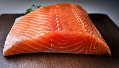 fresh raw salmon fillet with skin on a kitchen cutting board cooking a healthy fish meal selected focus