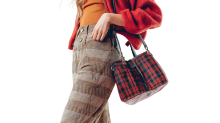 Fashion influencer in a trendy outfit, holding stylish bags, confident smile, isolated PNG