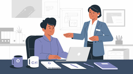A new employee being welcomed in an office setting, showing a person sitting at a desk with a laptop,a friendly colleague standing nearby with a welcoming gesture.