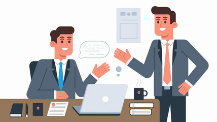 A new employee being welcomed in an office setting, showing a person sitting at a desk with a laptop,a friendly colleague standing nearby with a welcoming gesture.