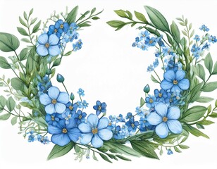 hand painted watercolor wreath with forget me not flowers blue floral frame with greenery and leaves on white background wedding invitation template in rustic style