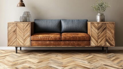 Leather Sofa With Wooden Cabinet And Herringbone Floor