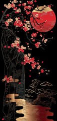 Abstract cherry blossom silhouettes layered over a modernized version of a classic kimono design
