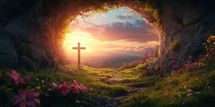 Sunrise illuminating a serene cave with a cross surrounded by flowers and lush greenery at dawn