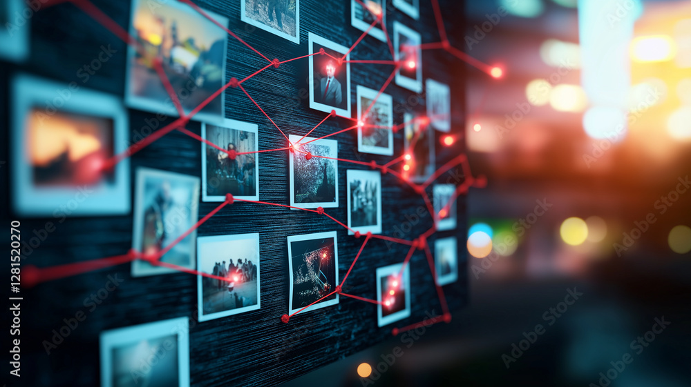 Poster photograph of photographs on wall connected by red strings, creating visual network. warm bokeh back