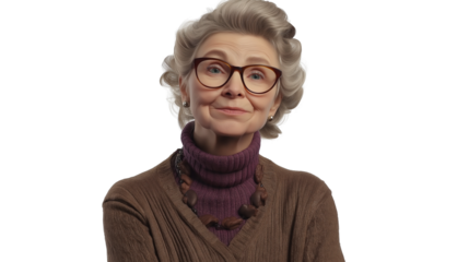 Confident elderly woman, stylish glasses, warm and charismatic, modern and elegant, isolated PNG