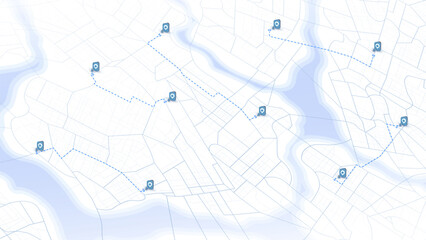 GPS navigation routes with multiple location markers on city map. Abstract urban paths, and destination highlighted POIs. Detailed vector illustration navigation concepts