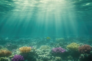 Naklejka premium Vibrant coral reef teeming with life under shimmering sunlight b