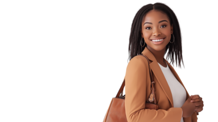 Fashion influencer in a trendy outfit, holding stylish bags, confident smile, isolated PNG